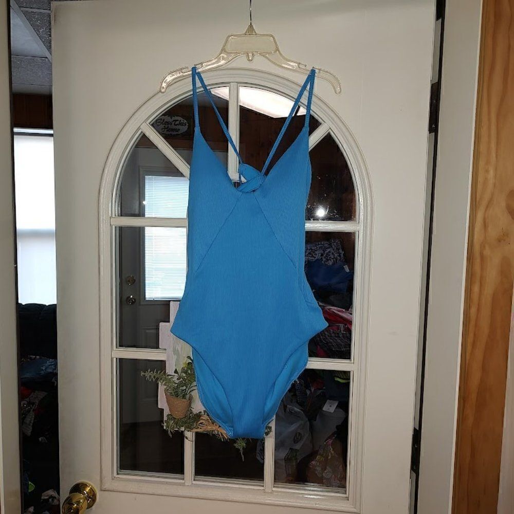 New So Blue V Neck Ribbed One Piece Bathing Suit Junior XL 15/17